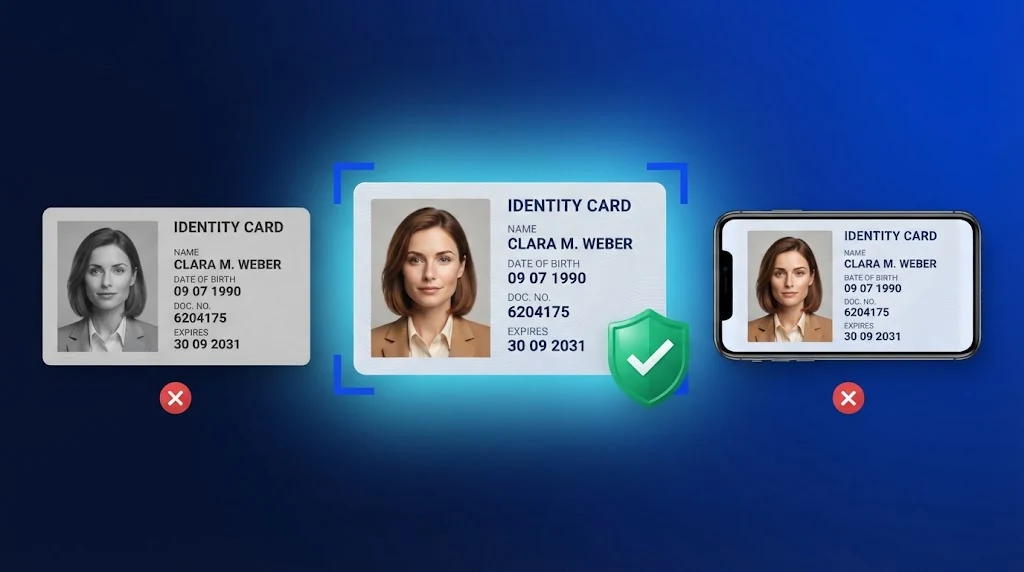 A realistic ID card with a verified shield check mark, beside a photocopy and a phone replay of the same card, both marked as rejected