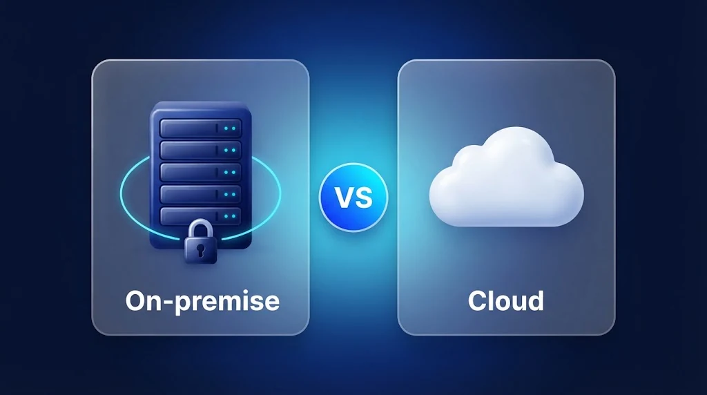 Side-by-side comparison, on-premise versus cloud: a locked on-premise server on the left and a cloud on the right