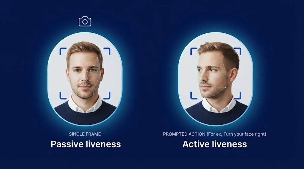 Two face-scan frames of the same man: passive liveness from a single frame, and active liveness with a prompted head turn