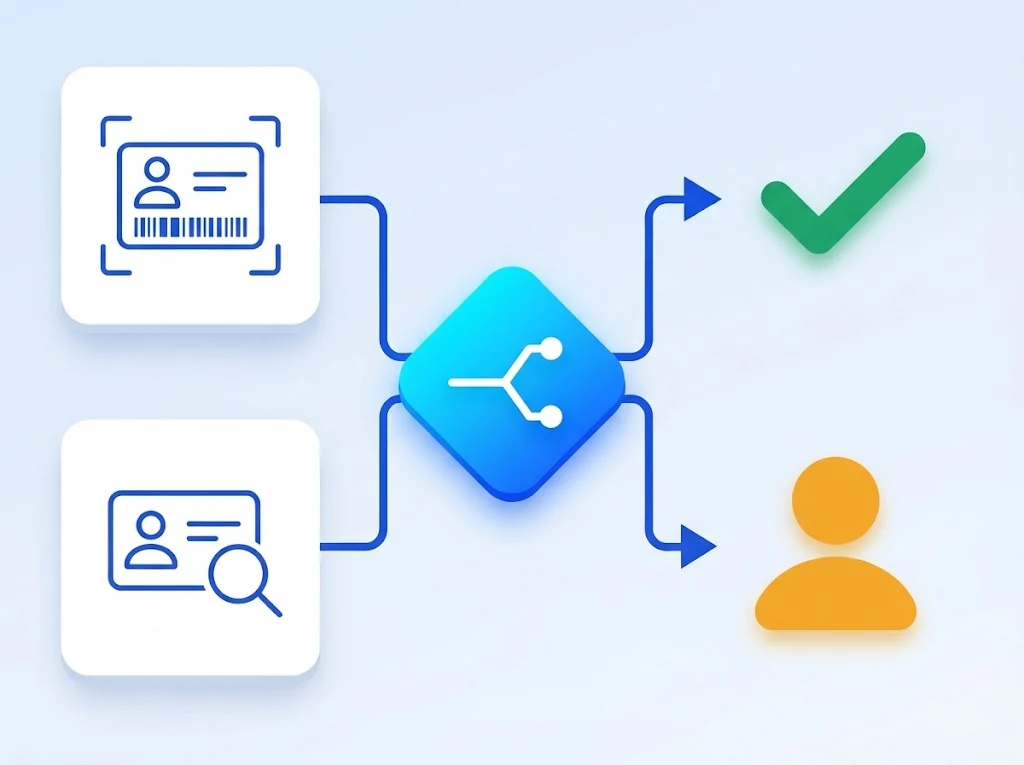Decision diagram: document recognition and document liveness results merge into one decision on your infrastructure, which ends in either a pass or a manual review