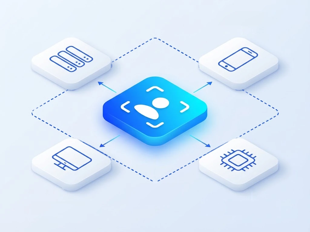 Isometric diagram of one Identixia SDK integration at the center, connected to cloud or private data center, mobile app, web and desktop, and edge device deployment targets
