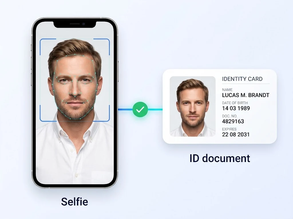 A selfie captured on a phone being matched against the portrait on an ID document, with a green checkmark showing a match