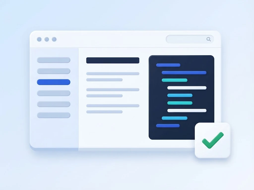 Documentation portal with a sidebar menu, article text and a code sample, with a green check mark confirming it works