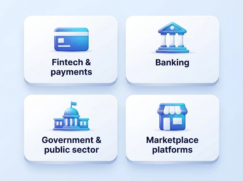 Four industry tiles: fintech and payments, banking, government and public sector, and marketplace platforms