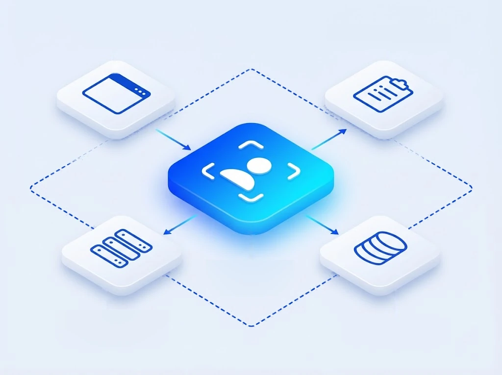 Isometric diagram of the Identixia SDK in your codebase, connected to your app, case management, backend systems and data warehouse, all inside your existing network boundary
