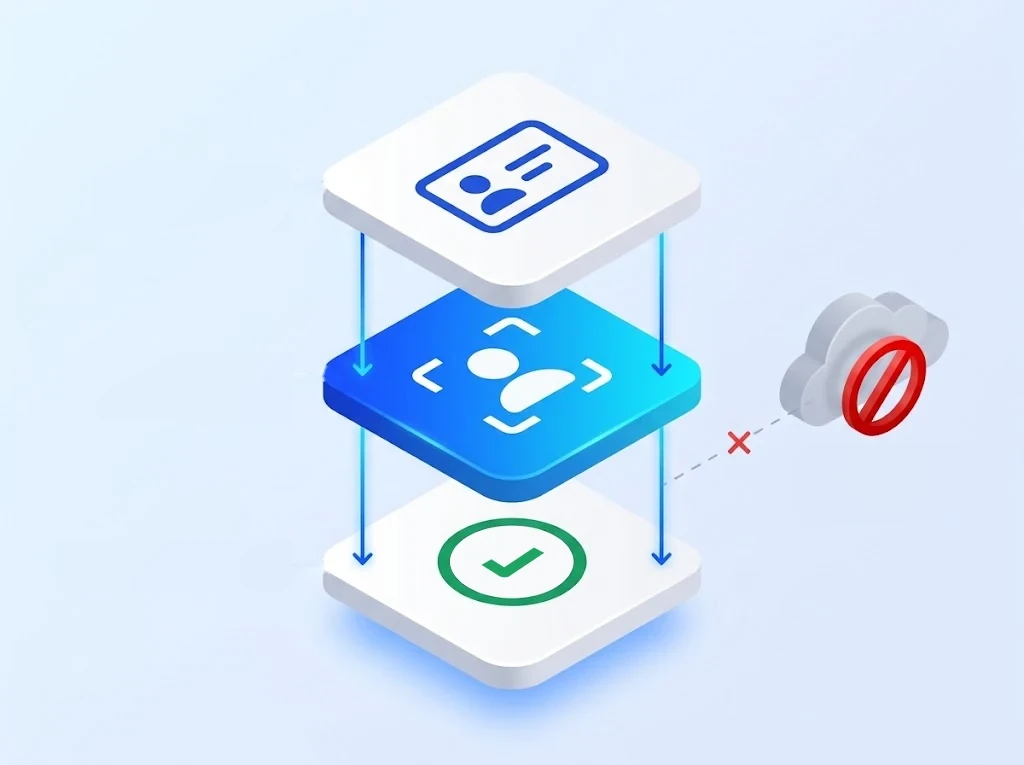 Layered diagram: identity data stays put while the Identixia SDK runs inside your app and verifies on-site, with no call to a vendor cloud