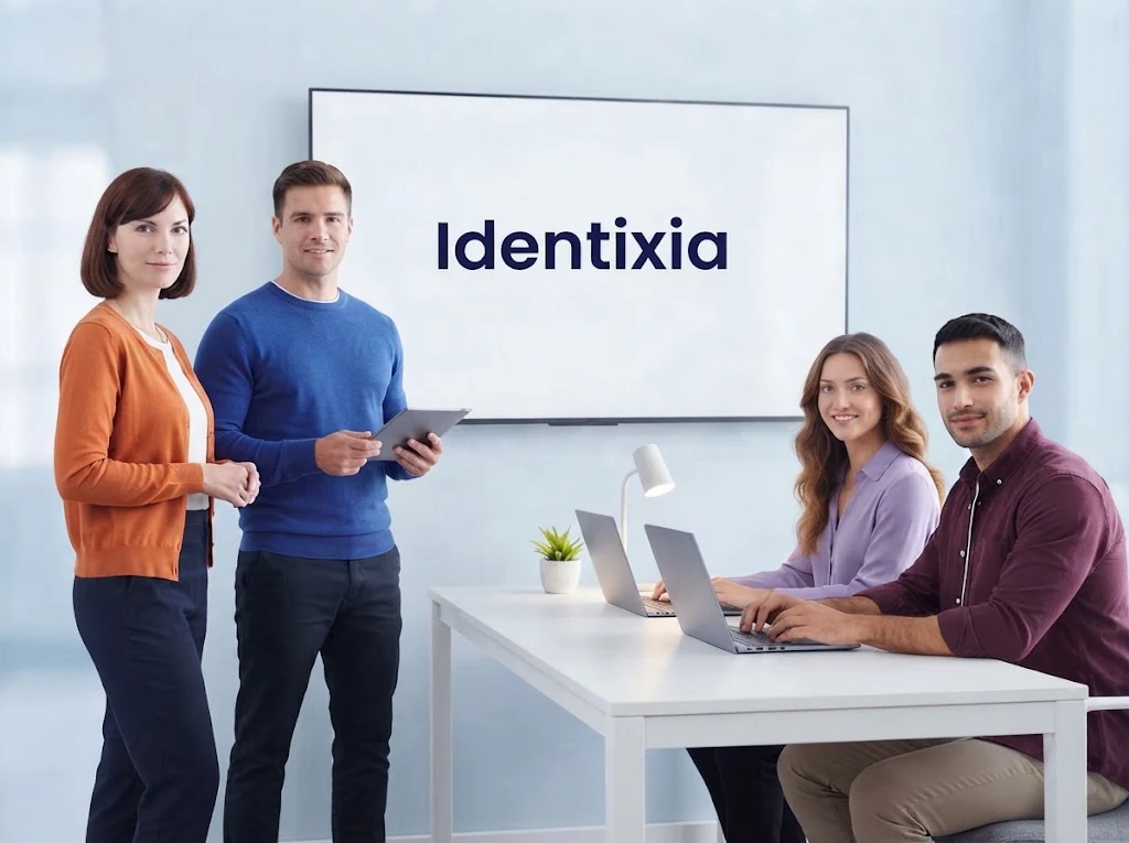 Four members of the Identixia team, two standing and two seated at laptops, around a wall screen showing the Identixia name
